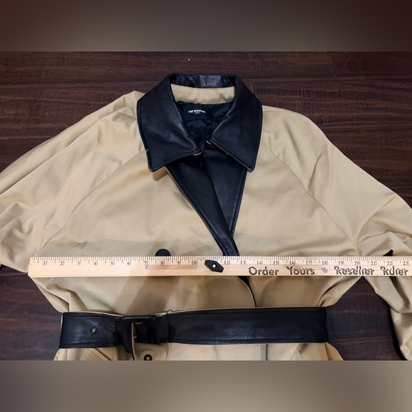 The Kooples Coat Womens Large Beige Black Faux Leather Collar Belted Trench - Picture 6 of 9